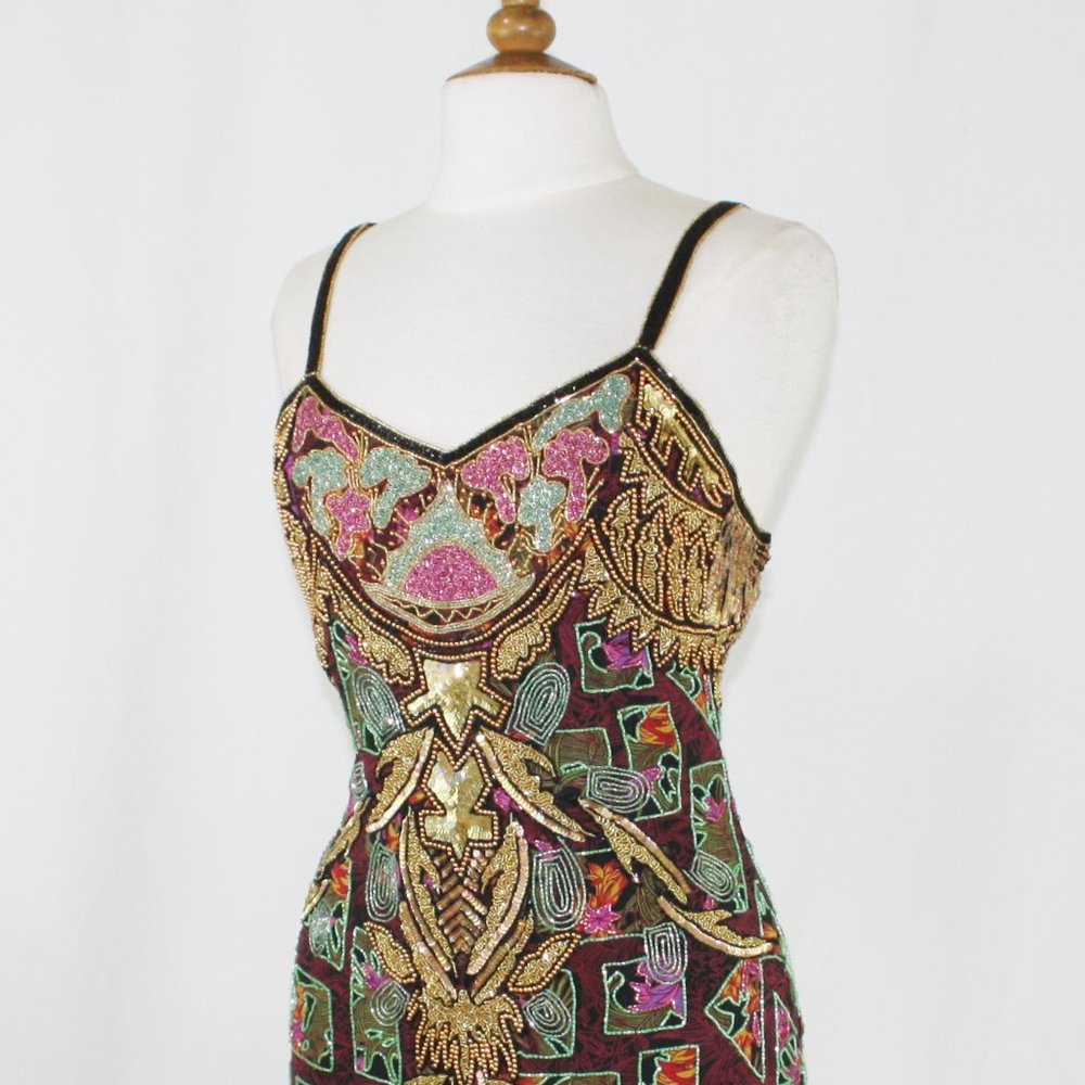 JASDEE Vintage ShortDress HandWork Bead&Sequins & Hand Print On Silk Style 5040M